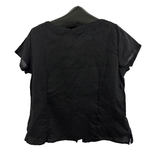 Eileen Fisher Black 100% Irish Linen Button Blouse Top Cap Sleeves LARGE - Picture 2 of 16